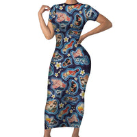 Hawaii Islands Map Design with Japanese Landscape Family Matching Short Sleeve Bodycon Dress and Hawaiian Shirt Hawaiian Japan Fusion Art Navy Color LT03 Mom's Dress Navy - Polynesian Pride