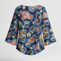 Hawaii Islands Map Design with Japanese Landscape Kimono Sleeve Blouse Hawaiian Japan Fusion Art Navy Color LT03 - Polynesian Pride