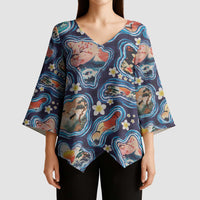 Hawaii Islands Map Design with Japanese Landscape Kimono Sleeve Blouse Hawaiian Japan Fusion Art Navy Color LT03 - Polynesian Pride
