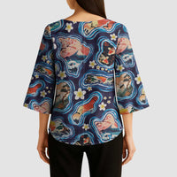 Hawaii Islands Map Design with Japanese Landscape Kimono Sleeve Blouse Hawaiian Japan Fusion Art Navy Color LT03 - Polynesian Pride