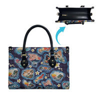 Hawaii Islands Map Design with Japanese Landscape Leather Bag Hawaiian Japan Fusion Art Navy Color