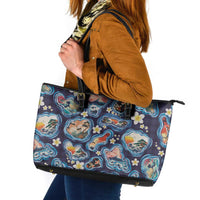 Hawaii Islands Map Design with Japanese Landscape Leather Tote Bag Hawaiian Japan Fusion Art Navy Color