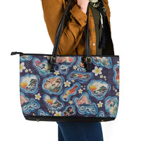Hawaii Islands Map Design with Japanese Landscape Leather Tote Bag Hawaiian Japan Fusion Art Navy Color