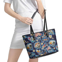 Hawaii Islands Map Design with Japanese Landscape Leather Tote Bag Hawaiian Japan Fusion Art Navy Color