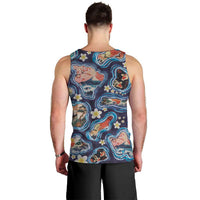Hawaii Islands Map Design with Japanese Landscape Men Tank Top Hawaiian Japan Fusion Art Navy Color