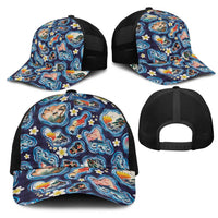 Hawaii Islands Map Design with Japanese Landscape Mesh Trucker Cap Hawaiian Japan Fusion Art Navy Color