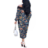 Hawaii Islands Map Design with Japanese Landscape Off The Shoulder Long Sleeve Dress Hawaiian Japan Fusion Art Navy Color LT03 - Polynesian Pride