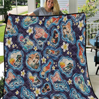Hawaii Islands Map Design with Japanese Landscape Quilt Hawaiian Japan Fusion Art Navy Color