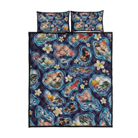 Hawaii Islands Map Design with Japanese Landscape Quilt Bed Set Hawaiian Japan Fusion Art Navy Color