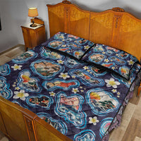 Hawaii Islands Map Design with Japanese Landscape Quilt Bed Set Hawaiian Japan Fusion Art Navy Color