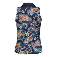Hawaii Islands Map Design with Japanese Landscape Women Sleeveless Polo Shirt Hawaiian Japan Fusion Art Navy Color LT03 - Polynesian Pride