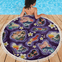 Hawaii Islands Map Design with Japanese Landscape Beach Blanket Hawaiian Japan Fusion Art Purple Color