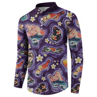 Hawaii Islands Map Design with Japanese Landscape Button Sweatshirt Hawaiian Japan Fusion Art Purple Color
