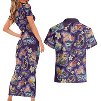 Hawaii Islands Map Design with Japanese Landscape Couples Matching Short Sleeve Bodycon Dress and Hawaiian Shirt Hawaiian Japan Fusion Art Purple Color LT03 - Polynesian Pride