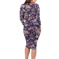 Hawaii Islands Map Design with Japanese Landscape Family Matching Long Sleeve Bodycon Dress and Hawaiian Shirt Hawaiian Japan Fusion Art Purple Color LT03 - Polynesian Pride