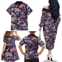 Hawaii Islands Map Design with Japanese Landscape Family Matching Off The Shoulder Long Sleeve Dress and Hawaiian Shirt Hawaiian Japan Fusion Art Purple Color LT03 - Polynesian Pride