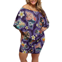 Hawaii Islands Map Design with Japanese Landscape Family Matching Off Shoulder Short Dress and Hawaiian Shirt Hawaiian Japan Fusion Art Purple Color LT03 Mom's Dress Purple - Polynesian Pride