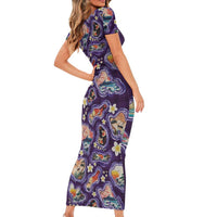 Hawaii Islands Map Design with Japanese Landscape Family Matching Short Sleeve Bodycon Dress and Hawaiian Shirt Hawaiian Japan Fusion Art Purple Color LT03 - Polynesian Pride