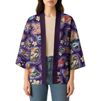 Hawaii Islands Map Design with Japanese Landscape Kimono Hawaiian Japan Fusion Art Purple Color