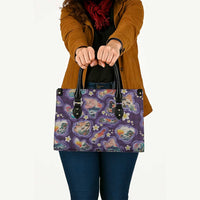 Hawaii Islands Map Design with Japanese Landscape Leather Bag Hawaiian Japan Fusion Art Purple Color