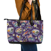 Hawaii Islands Map Design with Japanese Landscape Leather Tote Bag Hawaiian Japan Fusion Art Purple Color LT03 - Polynesian Pride