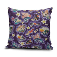 Hawaii Islands Map Design with Japanese Landscape Pillow Cover Hawaiian Japan Fusion Art Purple Color