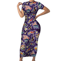 Hawaii Islands Map Design with Japanese Landscape Short Sleeve Bodycon Dress Hawaiian Japan Fusion Art Purple Color LT03 Long Dress Purple - Polynesian Pride