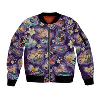 Hawaii Islands Map Design with Japanese Landscape Sleeve Zip Bomber Jacket Hawaiian Japan Fusion Art Purple Color