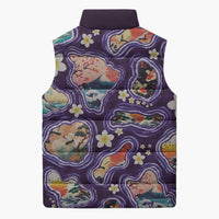 Hawaii Islands Map Design with Japanese Landscape Sleeveless Puffer Jacket Hawaiian Japan Fusion Art Purple Color