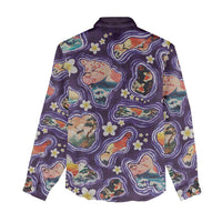 Hawaii Islands Map Design with Japanese Landscape Women Casual Shirt Hawaiian Japan Fusion Art Purple Color LT03 - Polynesian Pride