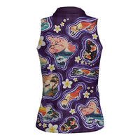 Hawaii Islands Map Design with Japanese Landscape Women Sleeveless Polo Shirt Hawaiian Japan Fusion Art Purple Color LT03 - Polynesian Pride