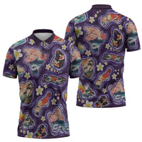 Hawaii Islands Map Design with Japanese Landscape Zipper Polo Shirt Hawaiian Japan Fusion Art Purple Color LT03 - Polynesian Pride