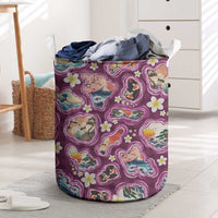 Hawaii Islands Map Design with Japanese Landscape Laundry Basket Hawaiian Japan Fusion Art Pink Color