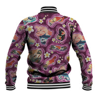 Hawaii Islands Map Design with Japanese Landscape Baseball Jacket Hawaiian Japan Fusion Art Pink Color