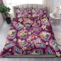Hawaii Islands Map Design with Japanese Landscape Bedding Set Hawaiian Japan Fusion Art Pink Color