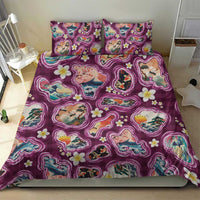 Hawaii Islands Map Design with Japanese Landscape Bedding Set Hawaiian Japan Fusion Art Pink Color