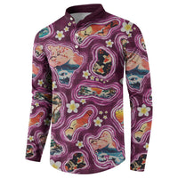 Hawaii Islands Map Design with Japanese Landscape Button Sweatshirt Hawaiian Japan Fusion Art Pink Color