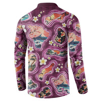 Hawaii Islands Map Design with Japanese Landscape Button Sweatshirt Hawaiian Japan Fusion Art Pink Color
