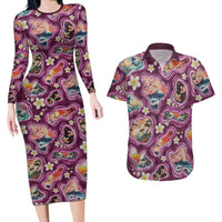 Hawaii Islands Map Design with Japanese Landscape Couples Matching Long Sleeve Bodycon Dress and Hawaiian Shirt Hawaiian Japan Fusion Art Pink Color LT03 Pink - Polynesian Pride