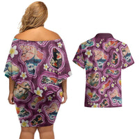 Hawaii Islands Map Design with Japanese Landscape Couples Matching Off Shoulder Short Dress and Hawaiian Shirt Hawaiian Japan Fusion Art Pink Color LT03 - Polynesian Pride