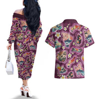 Hawaii Islands Map Design with Japanese Landscape Couples Matching Off The Shoulder Long Sleeve Dress and Hawaiian Shirt Hawaiian Japan Fusion Art Pink Color LT03 - Polynesian Pride