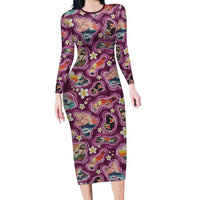 Hawaii Islands Map Design with Japanese Landscape Family Matching Long Sleeve Bodycon Dress and Hawaiian Shirt Hawaiian Japan Fusion Art Pink Color LT03 Mom's Dress Pink - Polynesian Pride