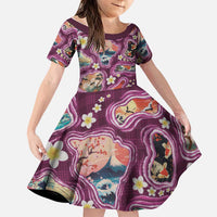 Hawaii Islands Map Design with Japanese Landscape Family Matching Off The Shoulder Long Sleeve Dress and Hawaiian Shirt Hawaiian Japan Fusion Art Pink Color LT03 Daughter's Dress Pink - Polynesian Pride
