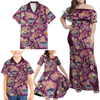 Hawaii Islands Map Design with Japanese Landscape Family Matching Off Shoulder Maxi Dress and Hawaiian Shirt Hawaiian Japan Fusion Art Pink Color LT03 - Polynesian Pride