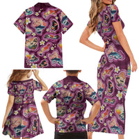 Hawaii Islands Map Design with Japanese Landscape Family Matching Short Sleeve Bodycon Dress and Hawaiian Shirt Hawaiian Japan Fusion Art Pink Color LT03 - Polynesian Pride