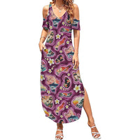 Hawaii Islands Map Design with Japanese Landscape Family Matching Summer Maxi Dress and Hawaiian Shirt Hawaiian Japan Fusion Art Pink Color LT03 Mom's Dress Pink - Polynesian Pride