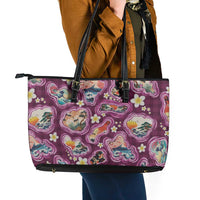 Hawaii Islands Map Design with Japanese Landscape Leather Tote Bag Hawaiian Japan Fusion Art Pink Color