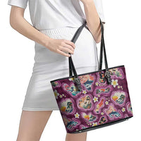 Hawaii Islands Map Design with Japanese Landscape Leather Tote Bag Hawaiian Japan Fusion Art Pink Color