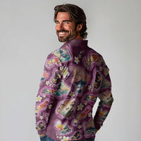 Hawaii Islands Map Design with Japanese Landscape Long Sleeve Polo Shirt Hawaiian Japan Fusion Art Pink Color