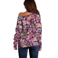 Hawaii Islands Map Design with Japanese Landscape Off Shoulder Sweater Hawaiian Japan Fusion Art Pink Color